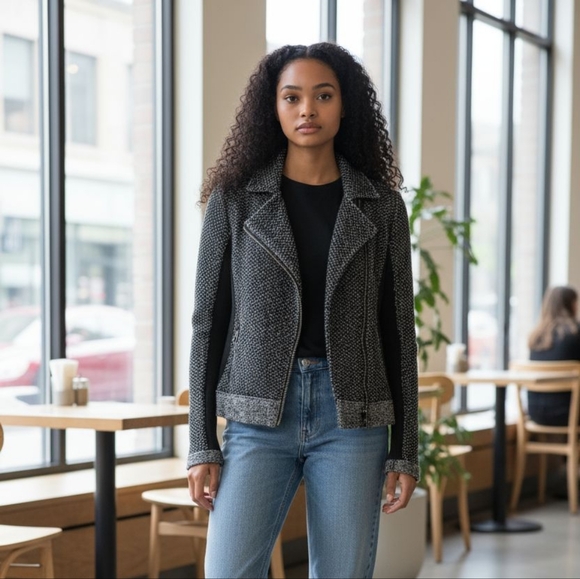 Rag & Bone Grey & Black Knitted & Fitted Zip up Jacket with flared collar XS LN - Picture 1 of 12